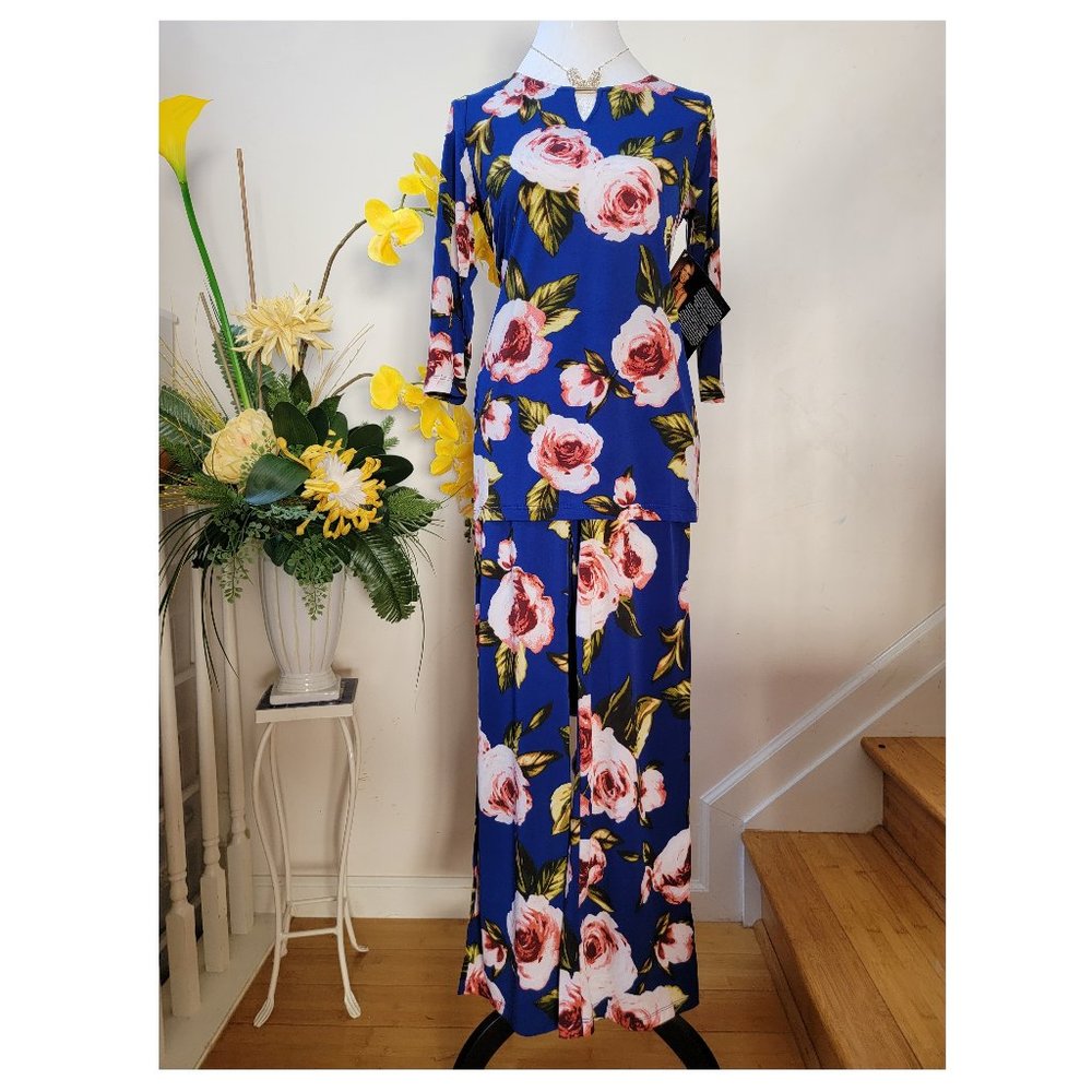 IMAN Global Chic Navy Floral Tunic & Palazzo Pant Set + Gold-tone Necklace